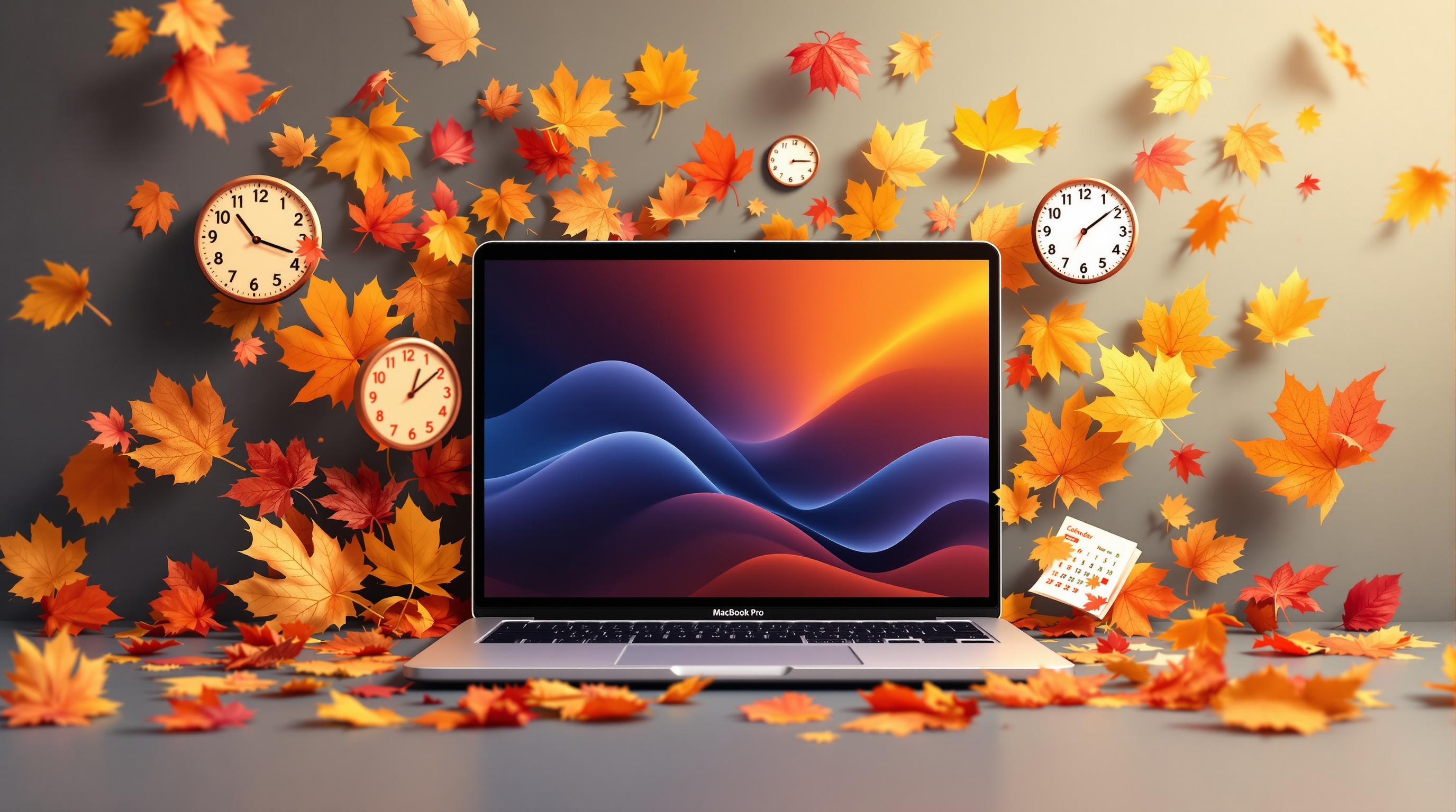 Ilustración editorial de MacBook Pro con elementos estacionales de calendario sugiriendo el mejor momento para vender