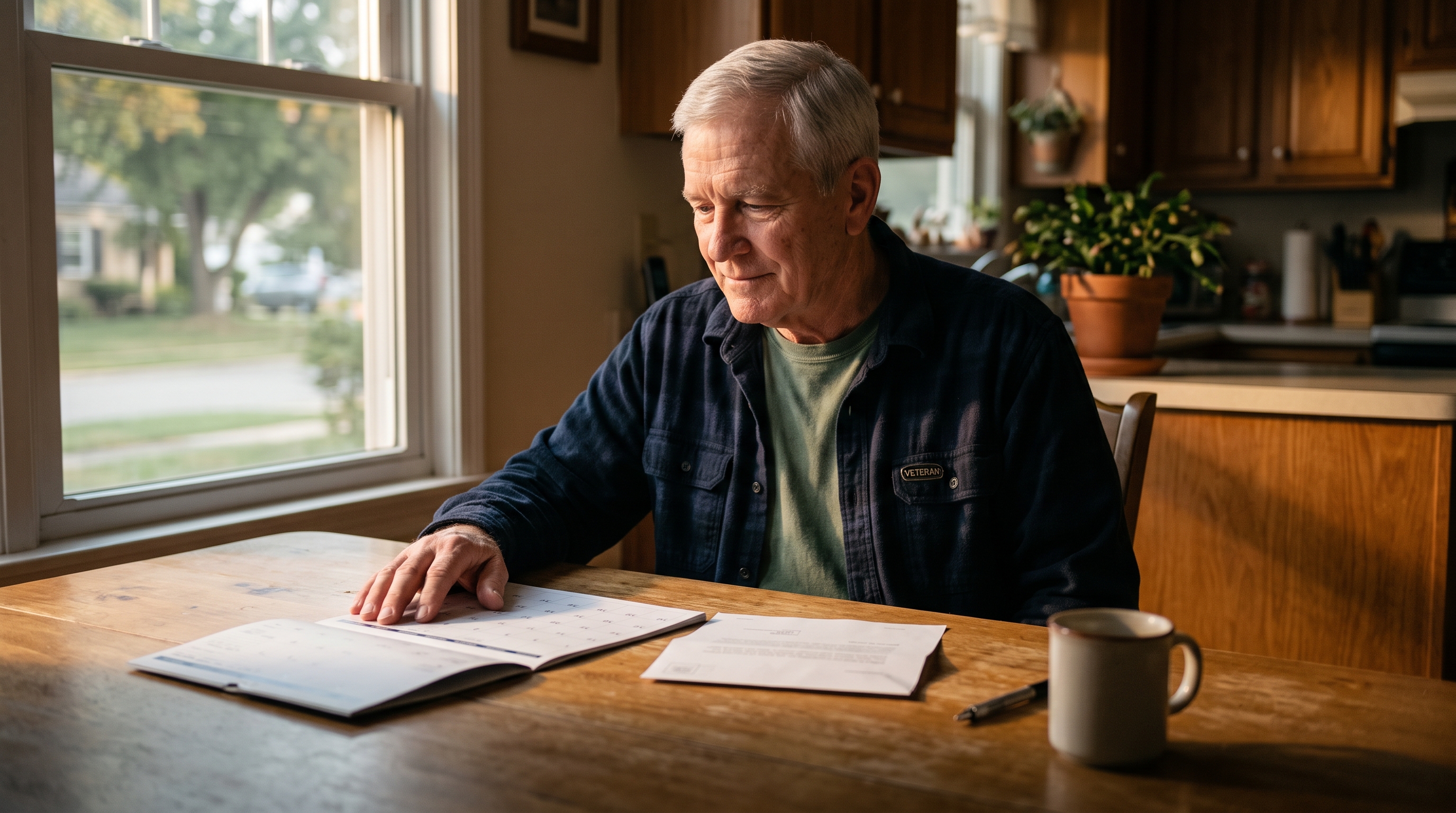 A veteran at a kitchen table with a calendar and a VA decision letter, focused on the date