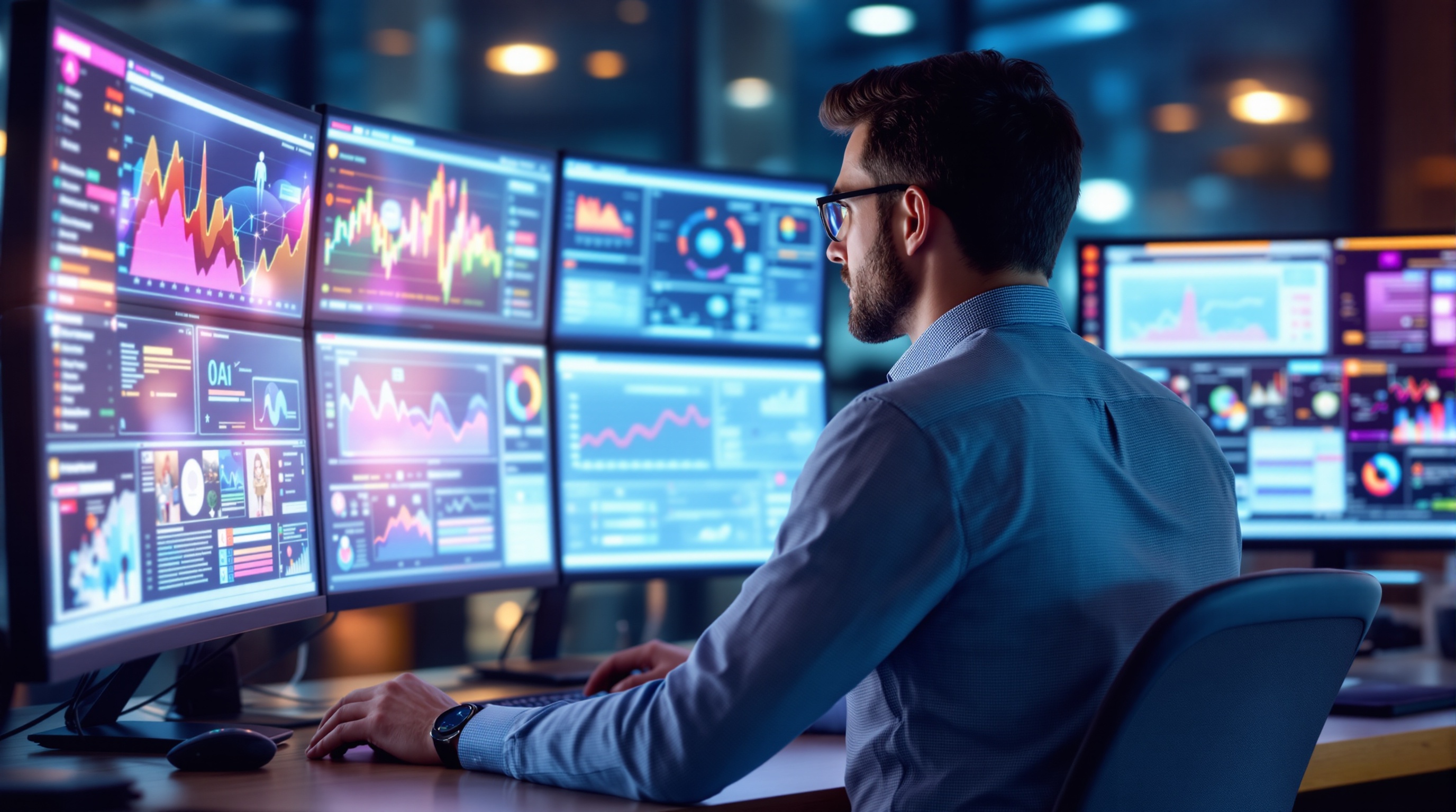 Programer analizira podatke na više monitora koristeći AI alate i automatizaciju u modernom radnom okruženju