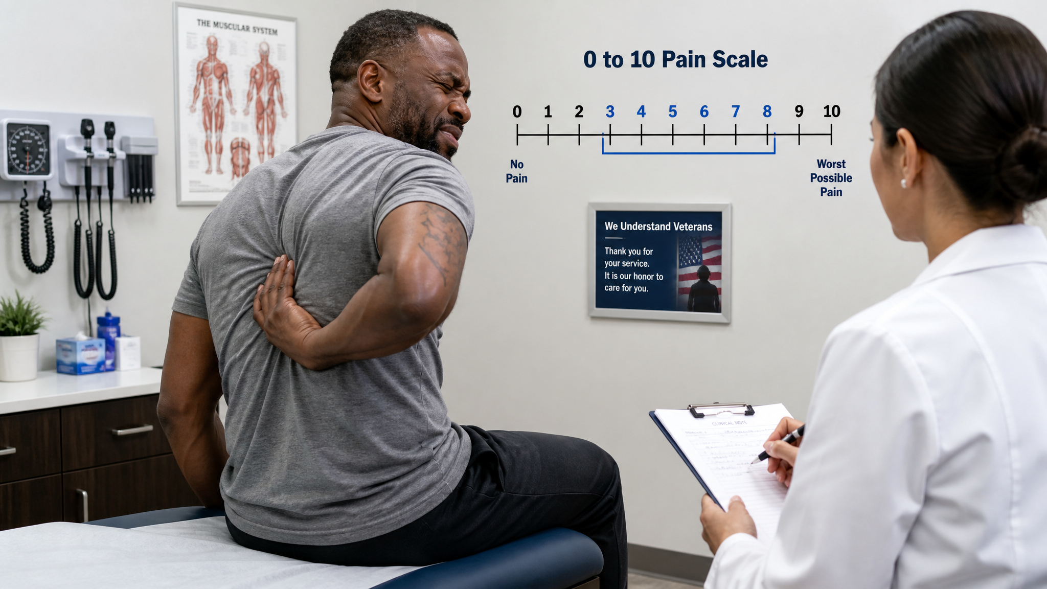 Clinical teaching photograph of a seated veteran pressing a hand to the middle of his back between the shoulder blades while a clinician takes notes, beside a 0 to 10 pain scale marked with a range from 3 to 8