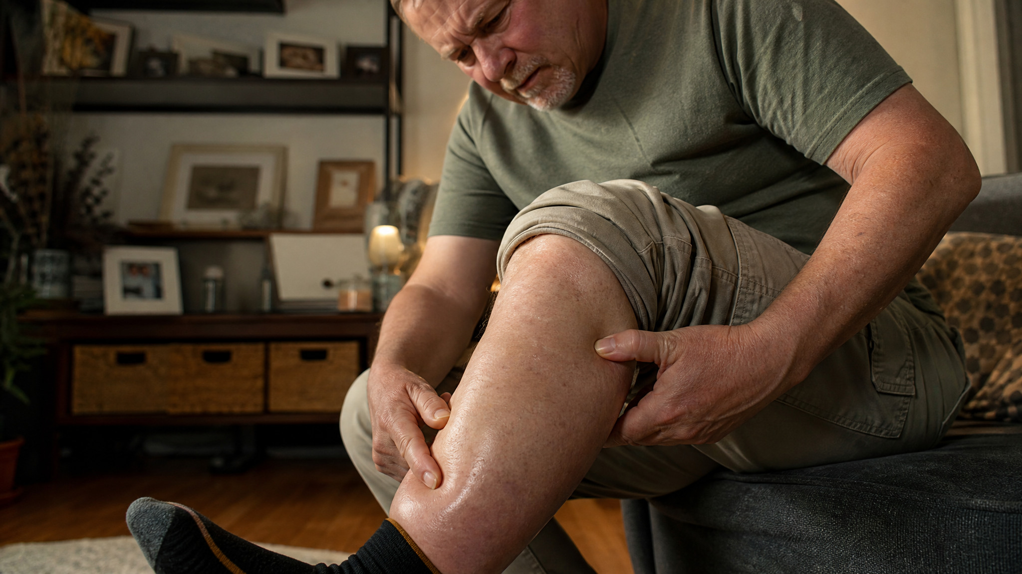 White male veteran pressing a thumb into his swollen lower leg showing pitting edema