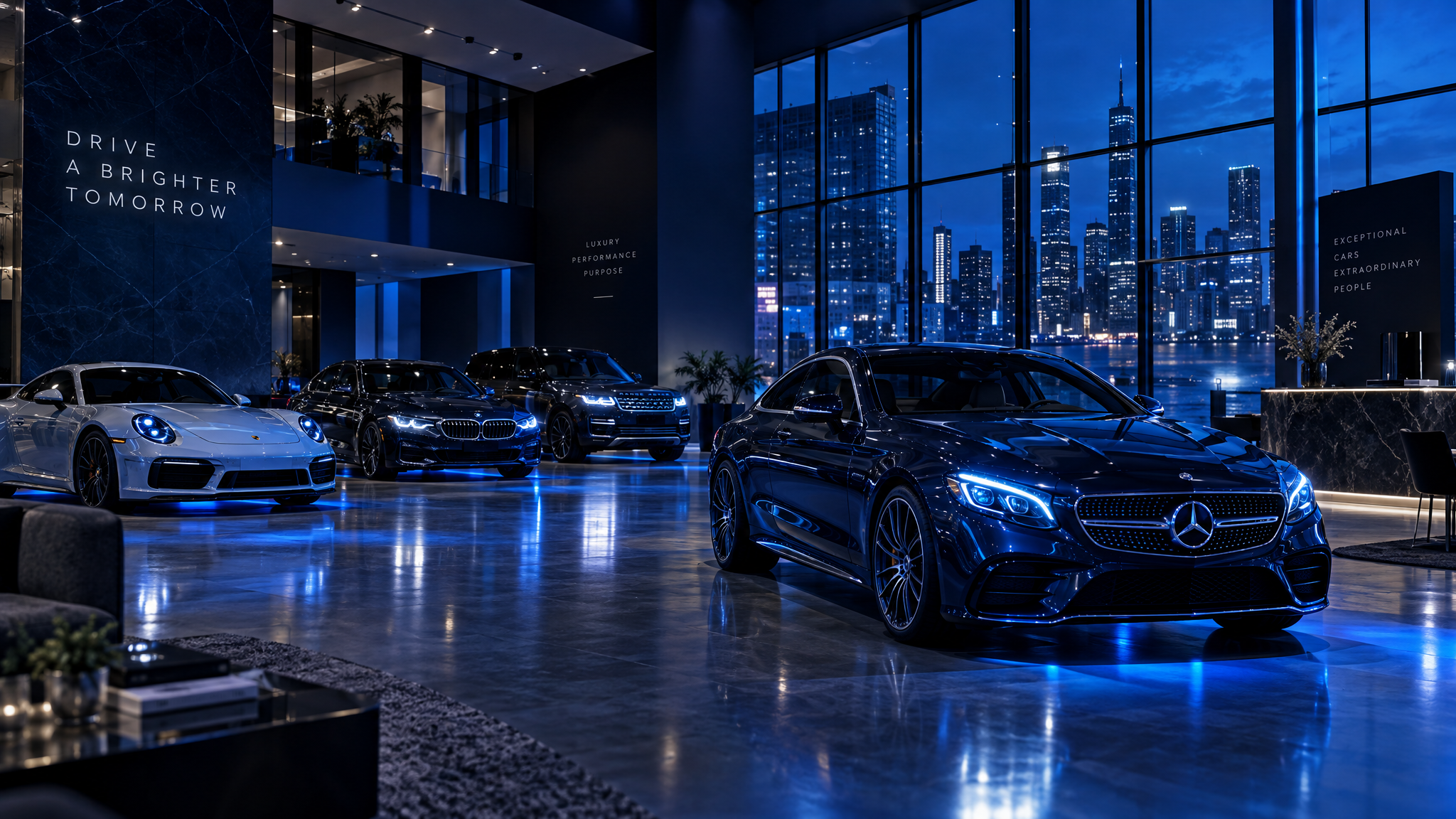 Modern dealership showroom with premium vehicles
