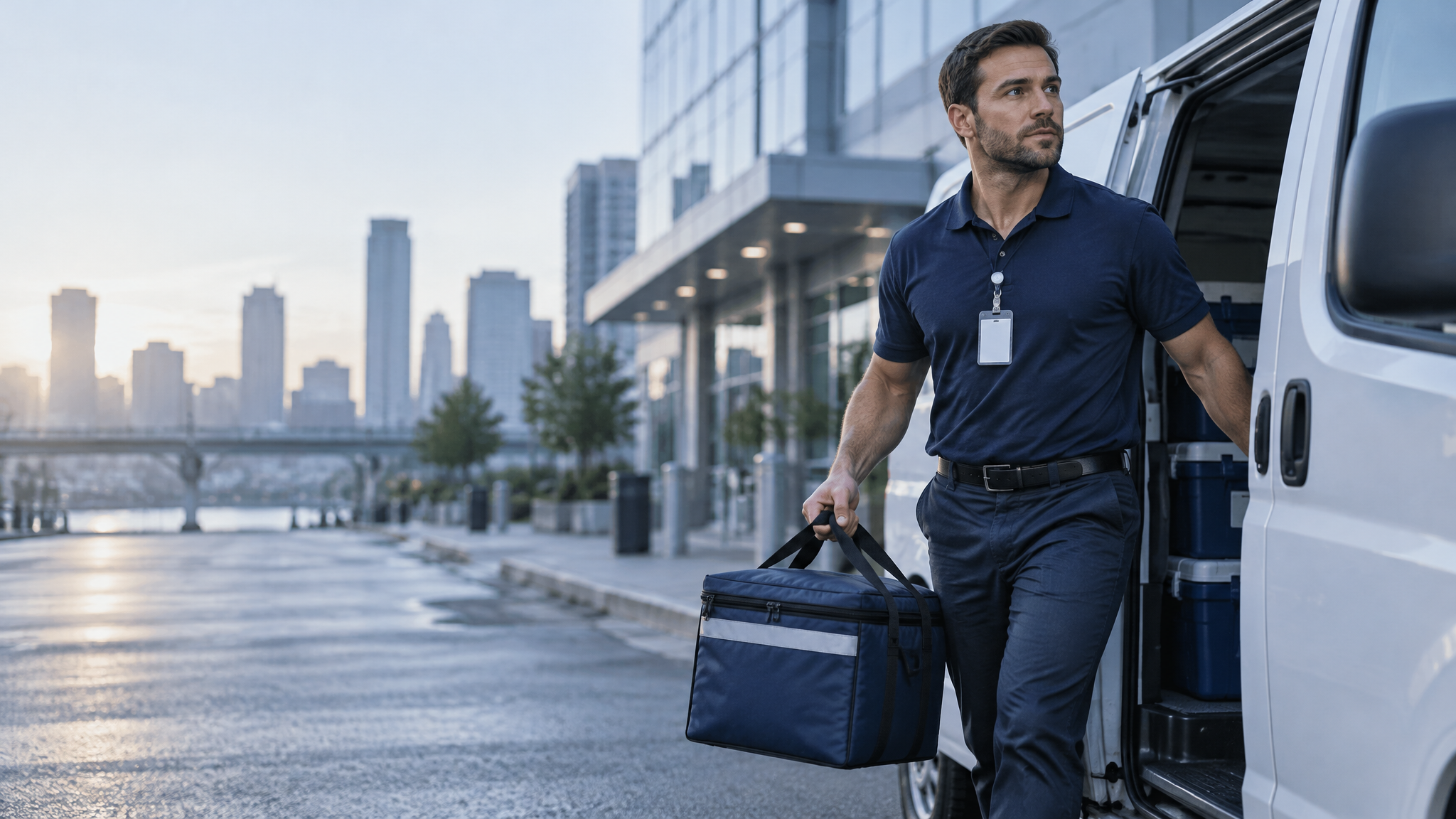 Professional medical courier preparing delivery in urban setting