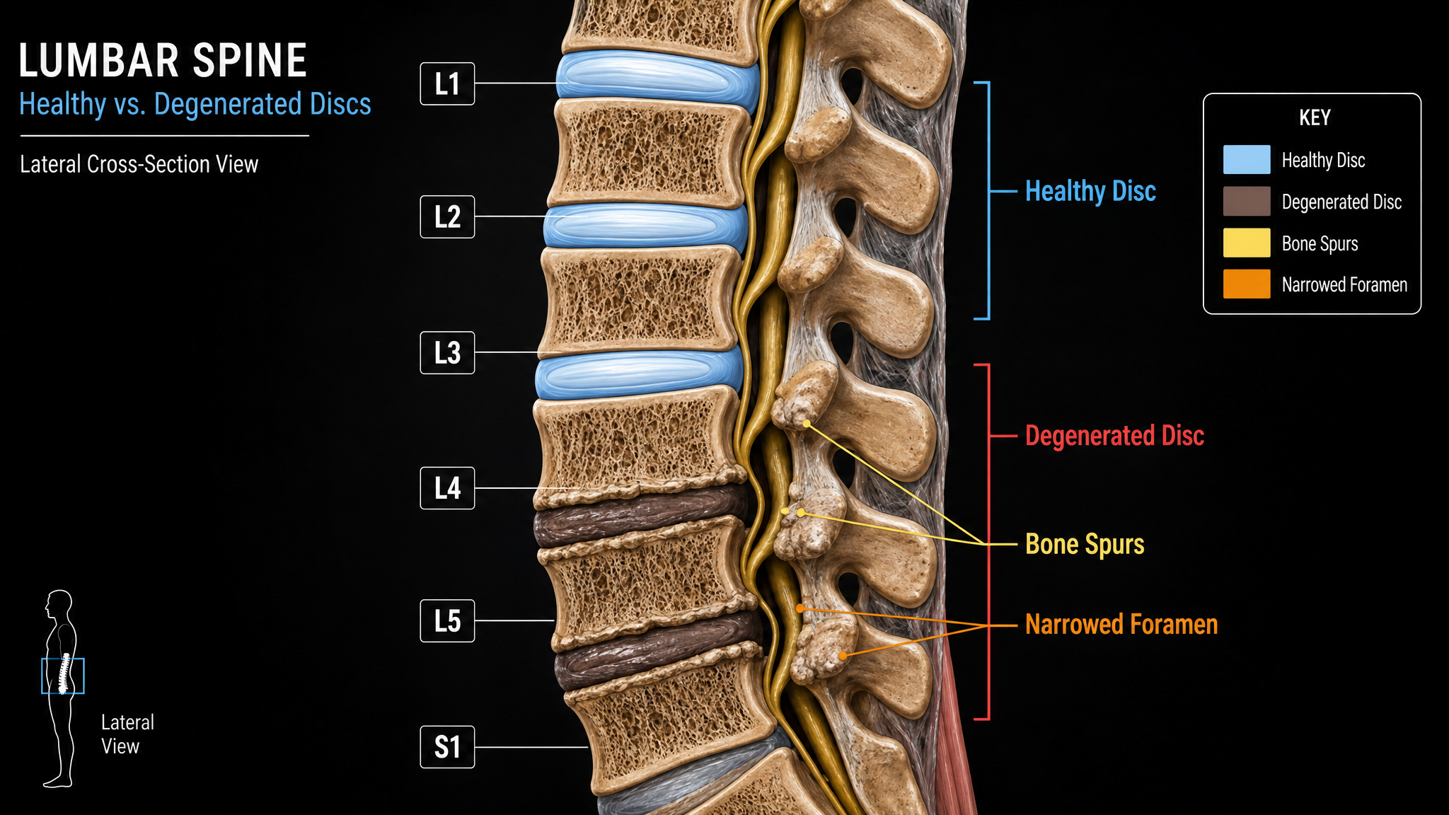 Lateral cross-section of the lumbar spine comparing healthy discs at L1 through L3 with collapsed degenerated discs, bone spurs and narrowed foramina at L4-L5 and L5-S1