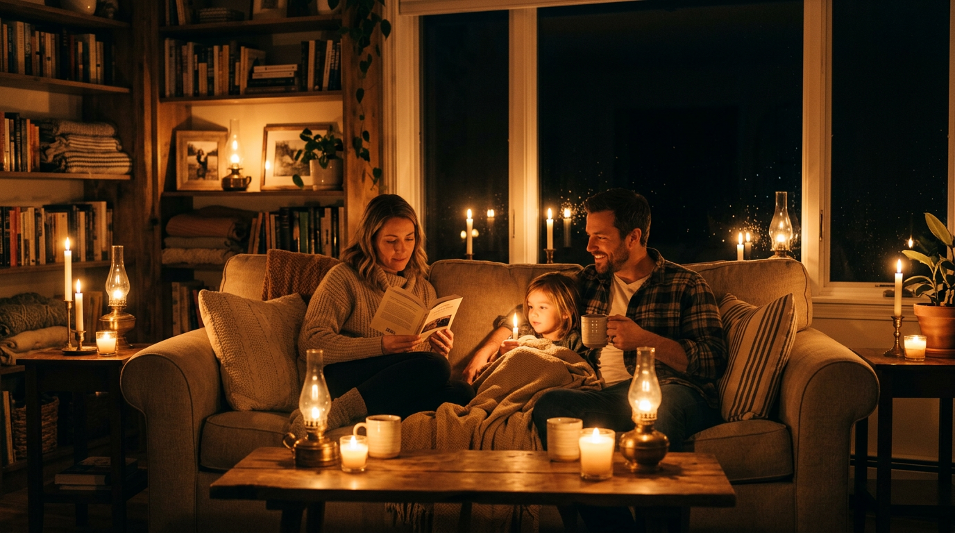 Home interior with warm lighting during load shedding, powered by solar backup system