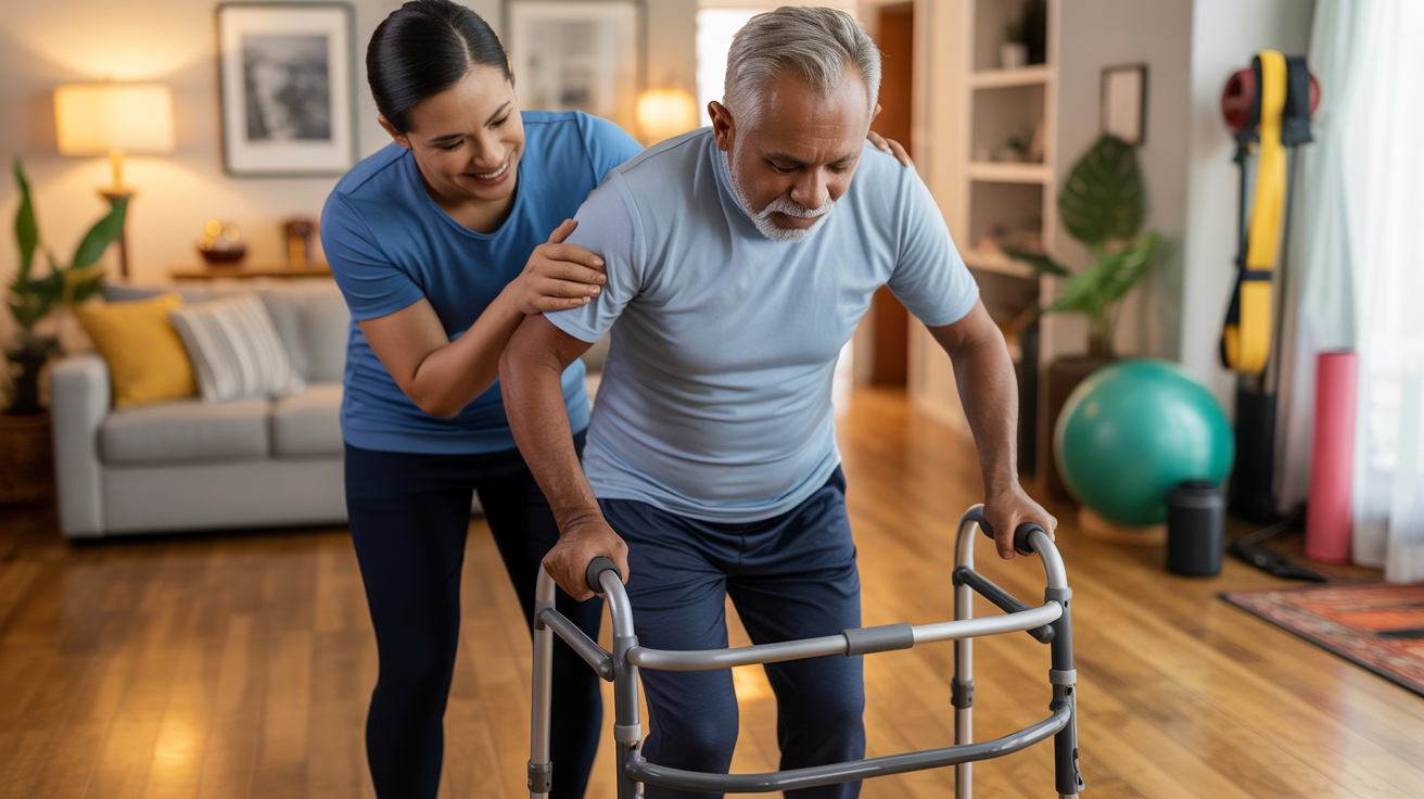 Physical Therapy at Home | In-Home PT Services Los Angeles Licensed physical therapist helping elderly patient with mobility exercises and rehabilitation at home in Los Angeles