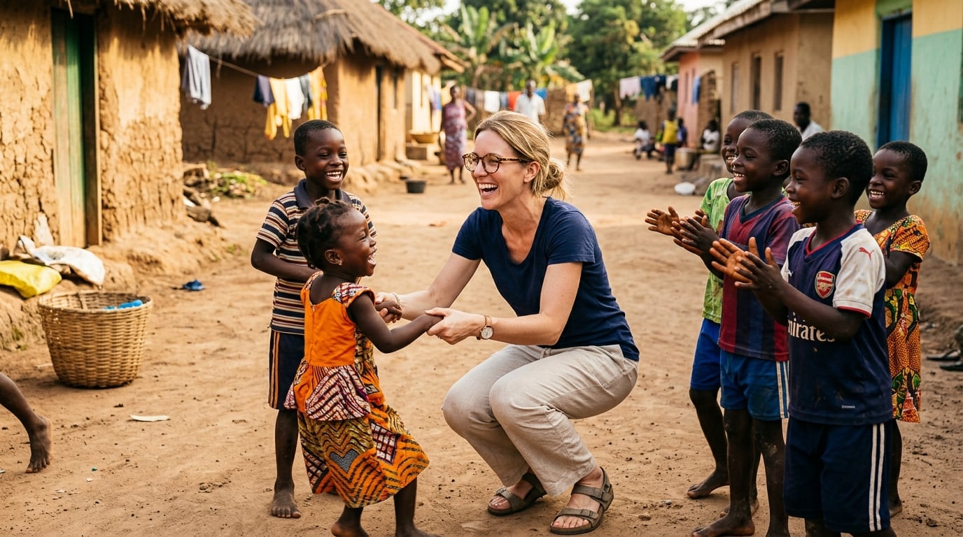 Liz playing with children in a village in Ghana