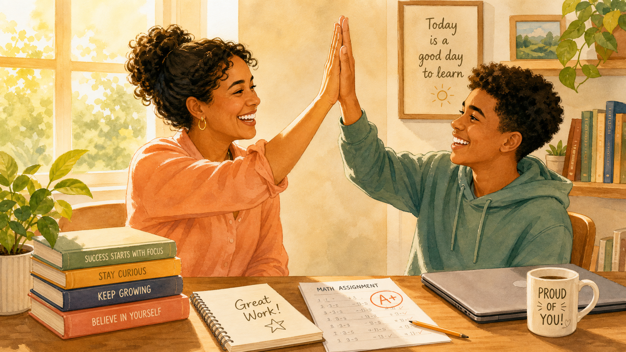Happy parent and teen celebrating completed homework