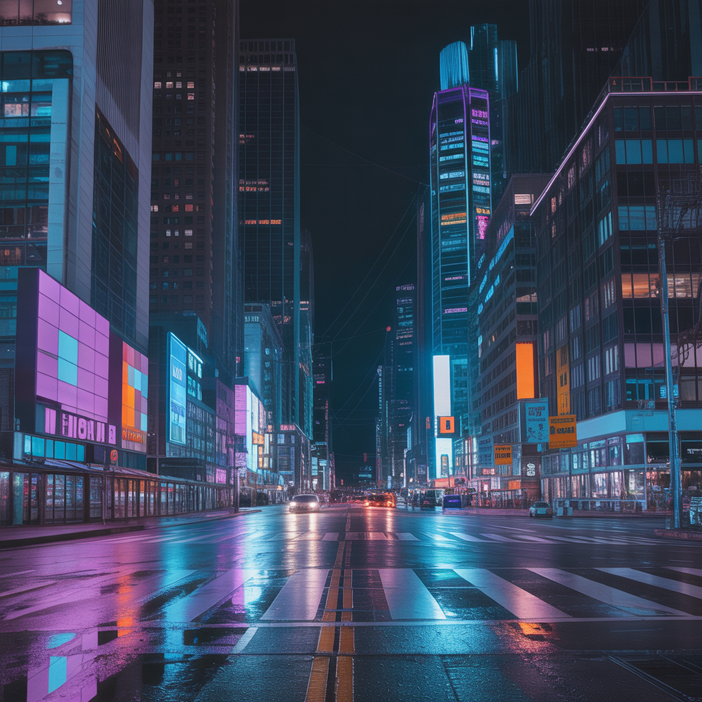Urban cityscape at night with vibrant lights and modern architecture