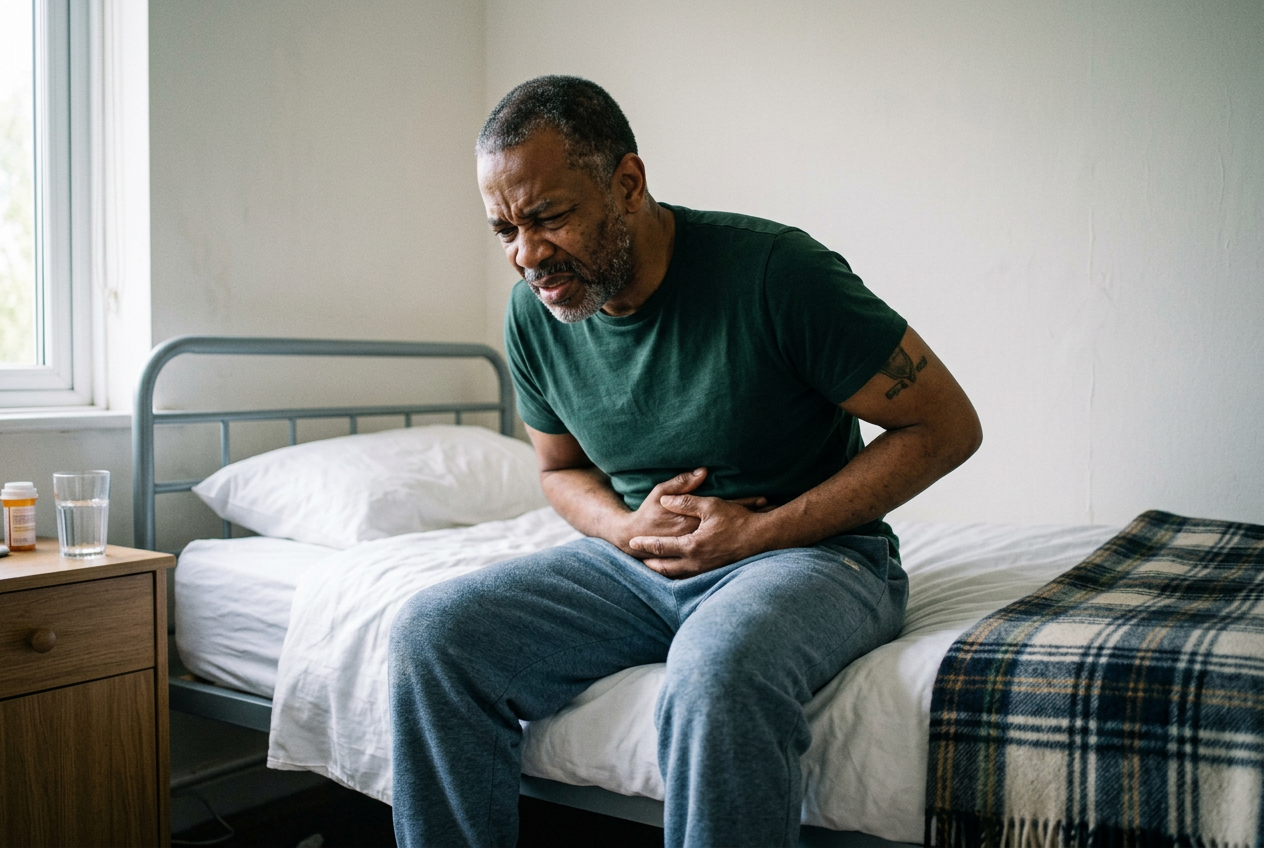A male veteran sitting on the edge of a bed holding his stomach, looking unwell from physical anxiety symptoms