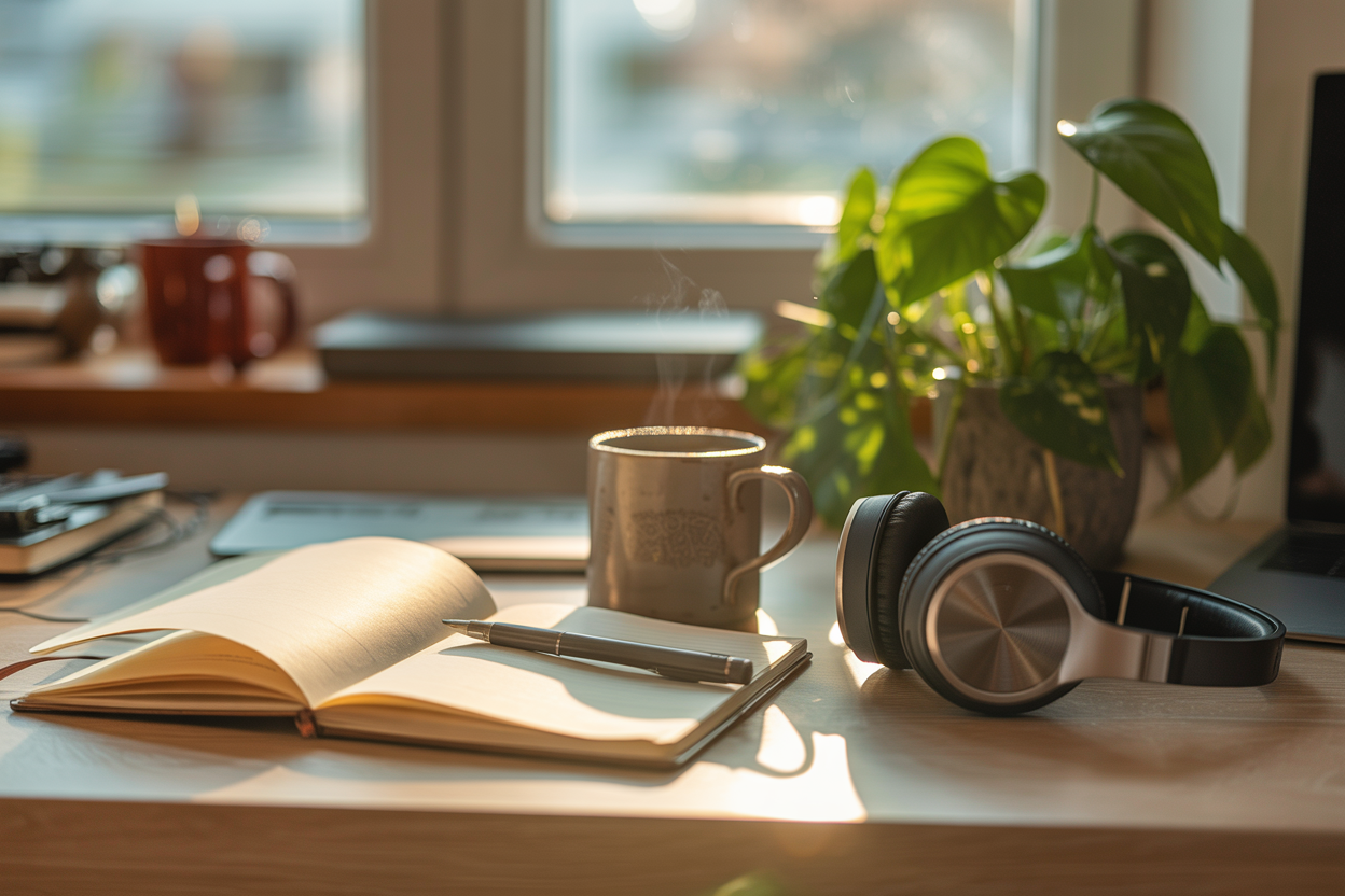 Cozy workspace with journal, tea, headphones, and a plant representing the self-paced course experience