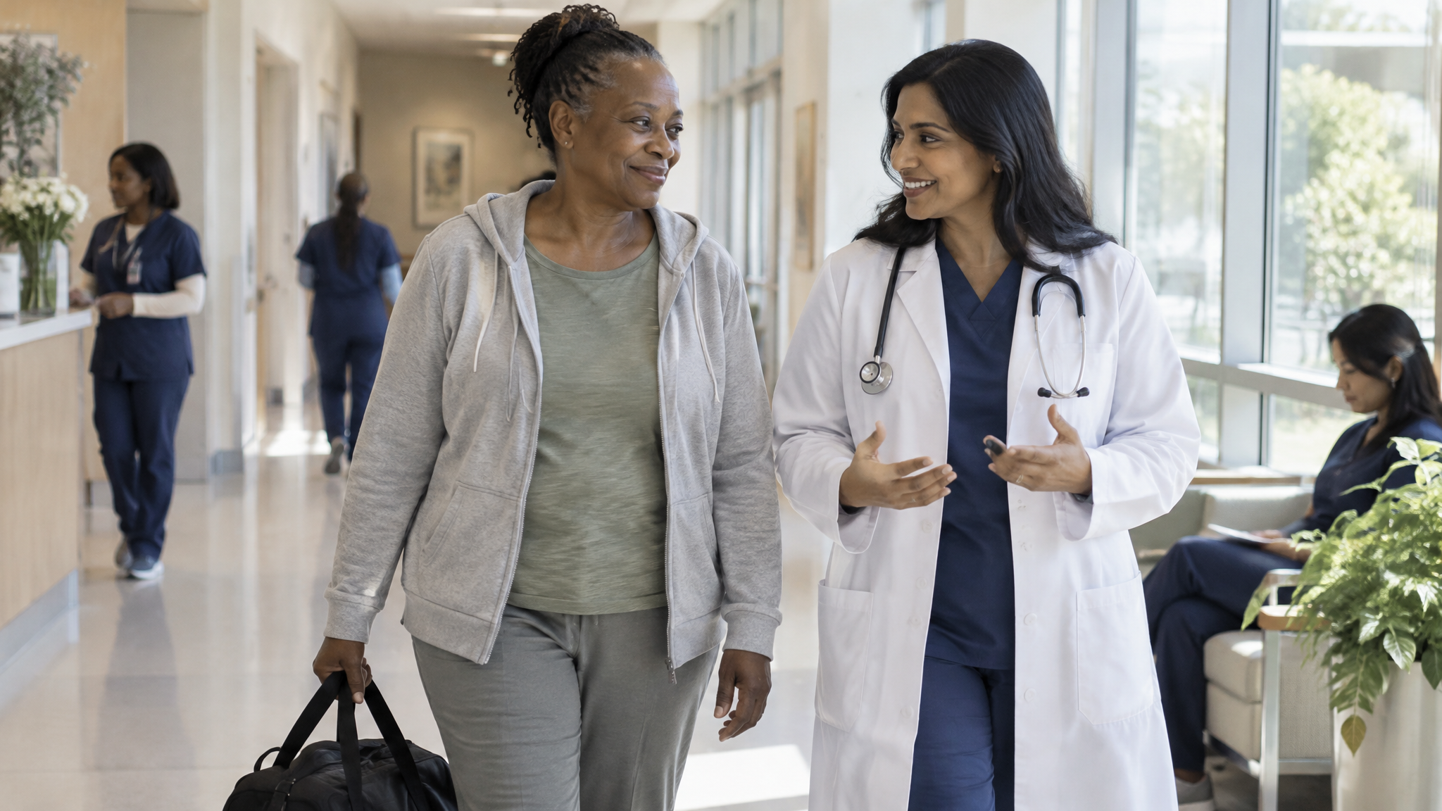 A woman veteran carrying an overnight bag down a bright hospital hallway beside a woman doctor