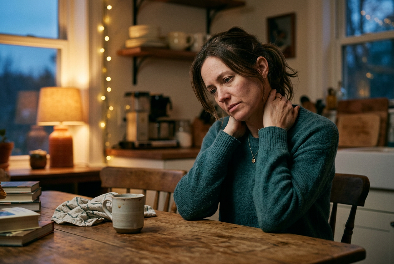 Woman at home resting her hand on a tense, aching neck in the evening