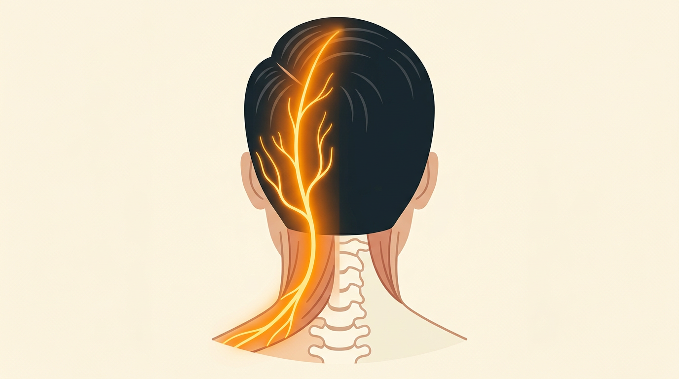 A clean medical illustration of the back of a head showing a one-sided amber nerve band running from the neck up to the crown