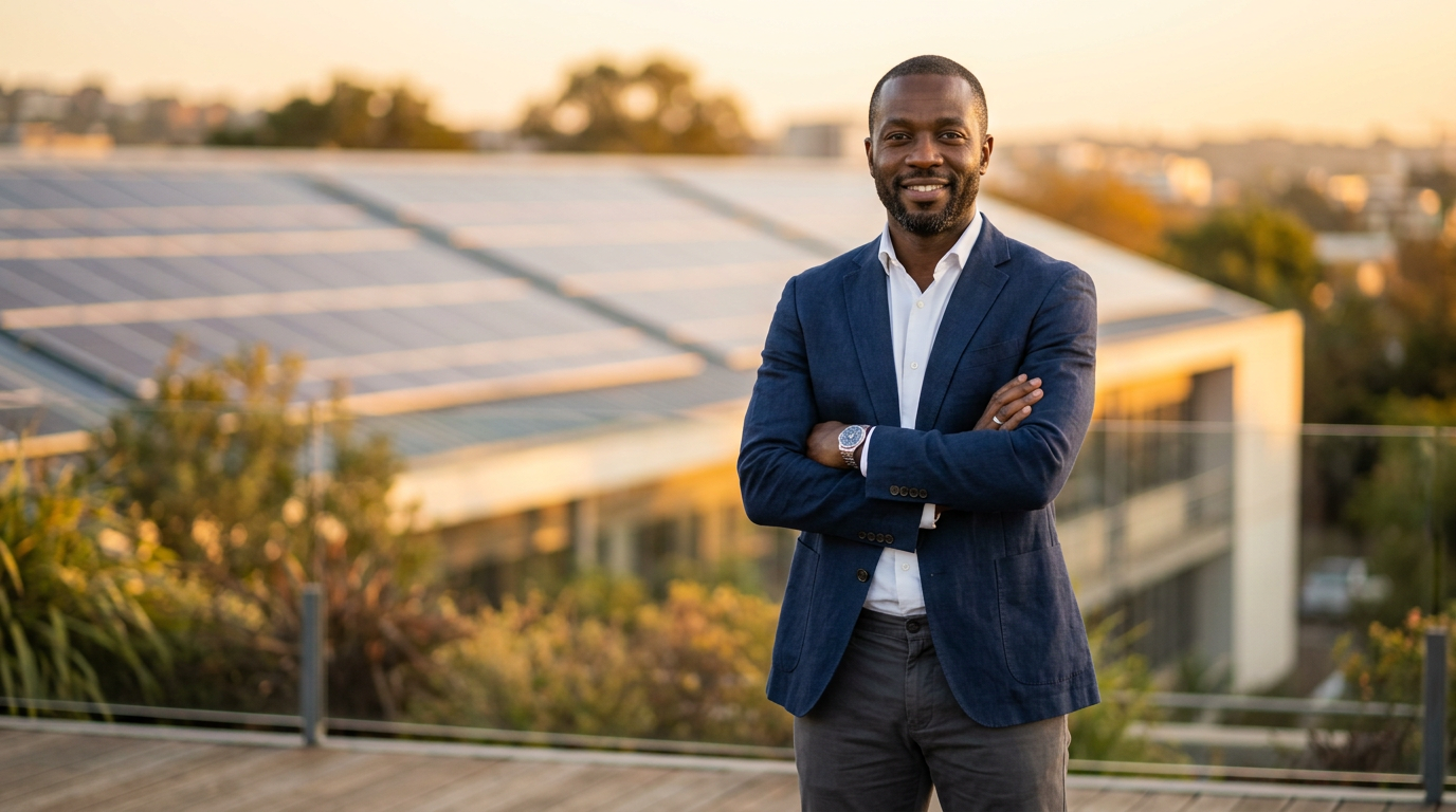 Craig Riley, founder of Solar Harare, professional portrait with solar panels in background