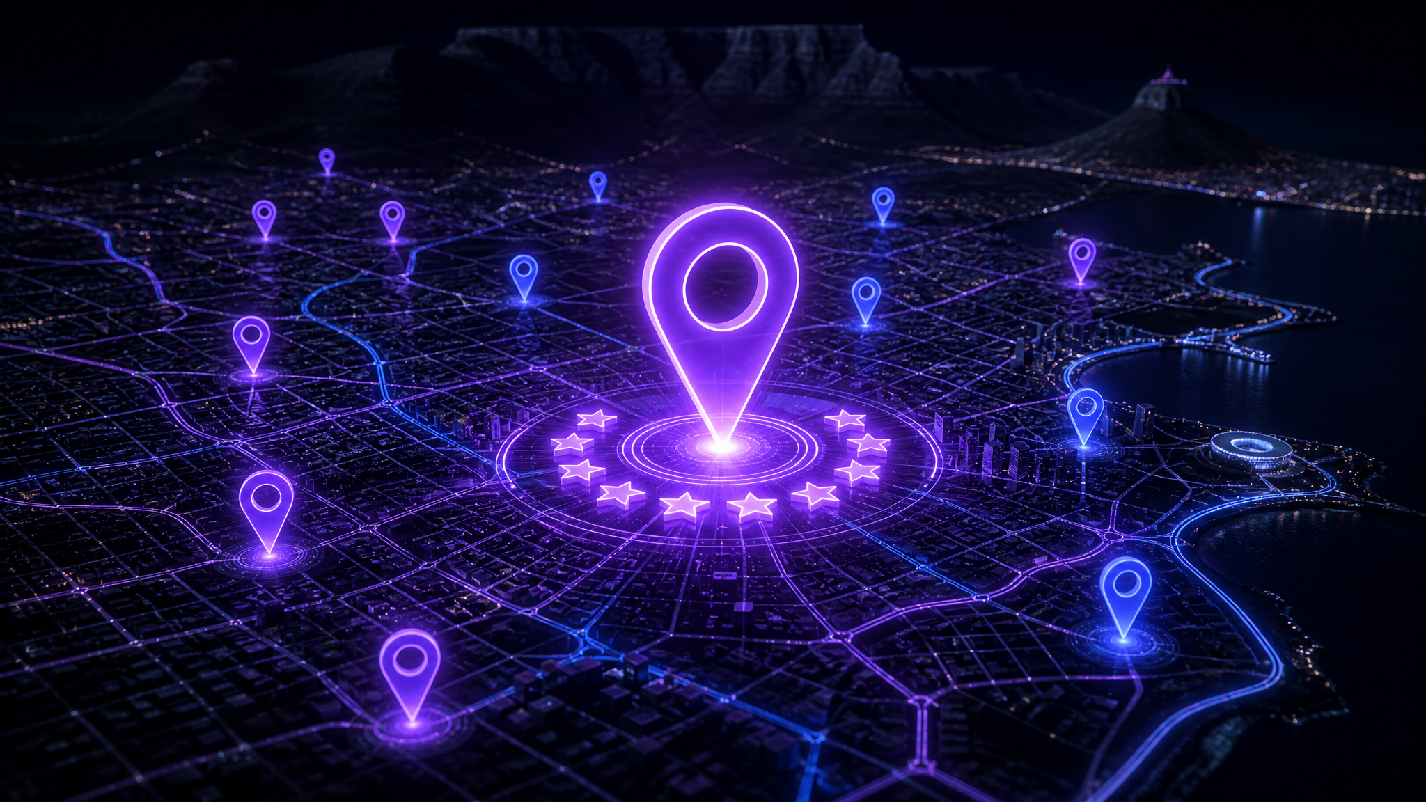 Glowing map pins over a stylised night map of a South African city grid, with one highlighted pin radiating a review-star glow