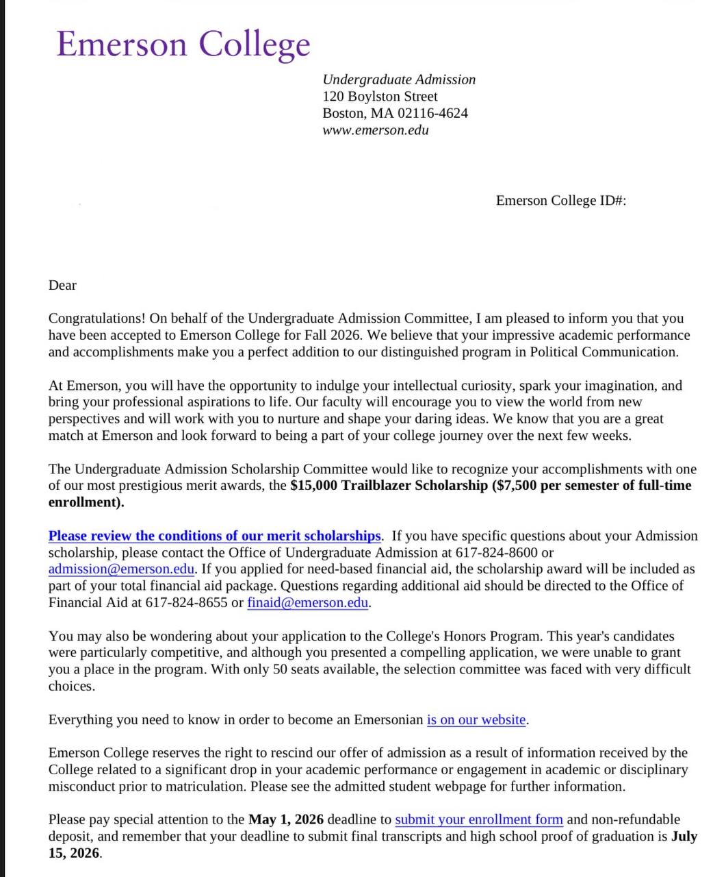 Emerson College admission letter