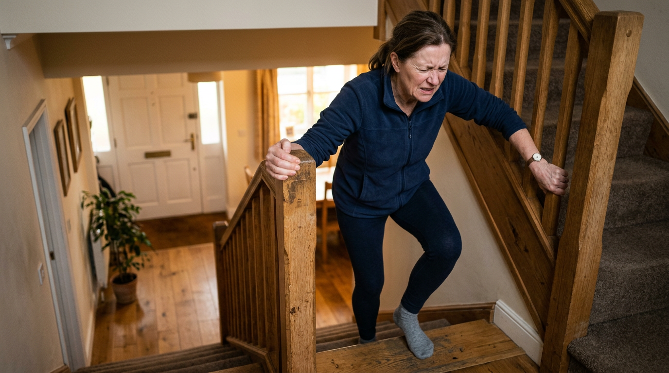 Photograph of a person gripping a stair railing mid-descent, face showing pain as they load the arthritic knee