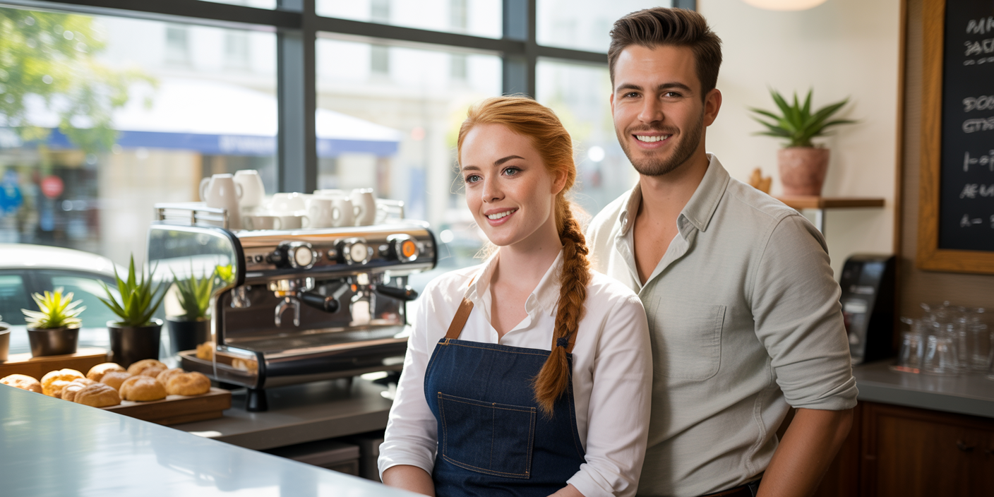 First-time franchise owners at the counter of their newly opened business