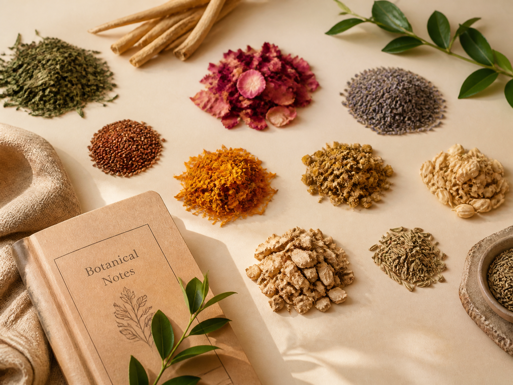 Sorted natural raw materials with a kraft-paper notebook and botanical sprig