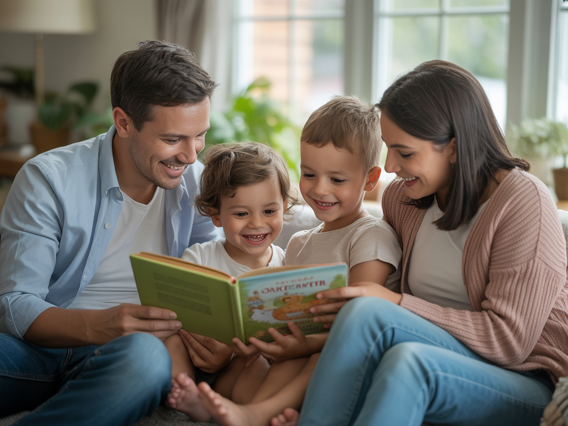 Family reading together on the couch