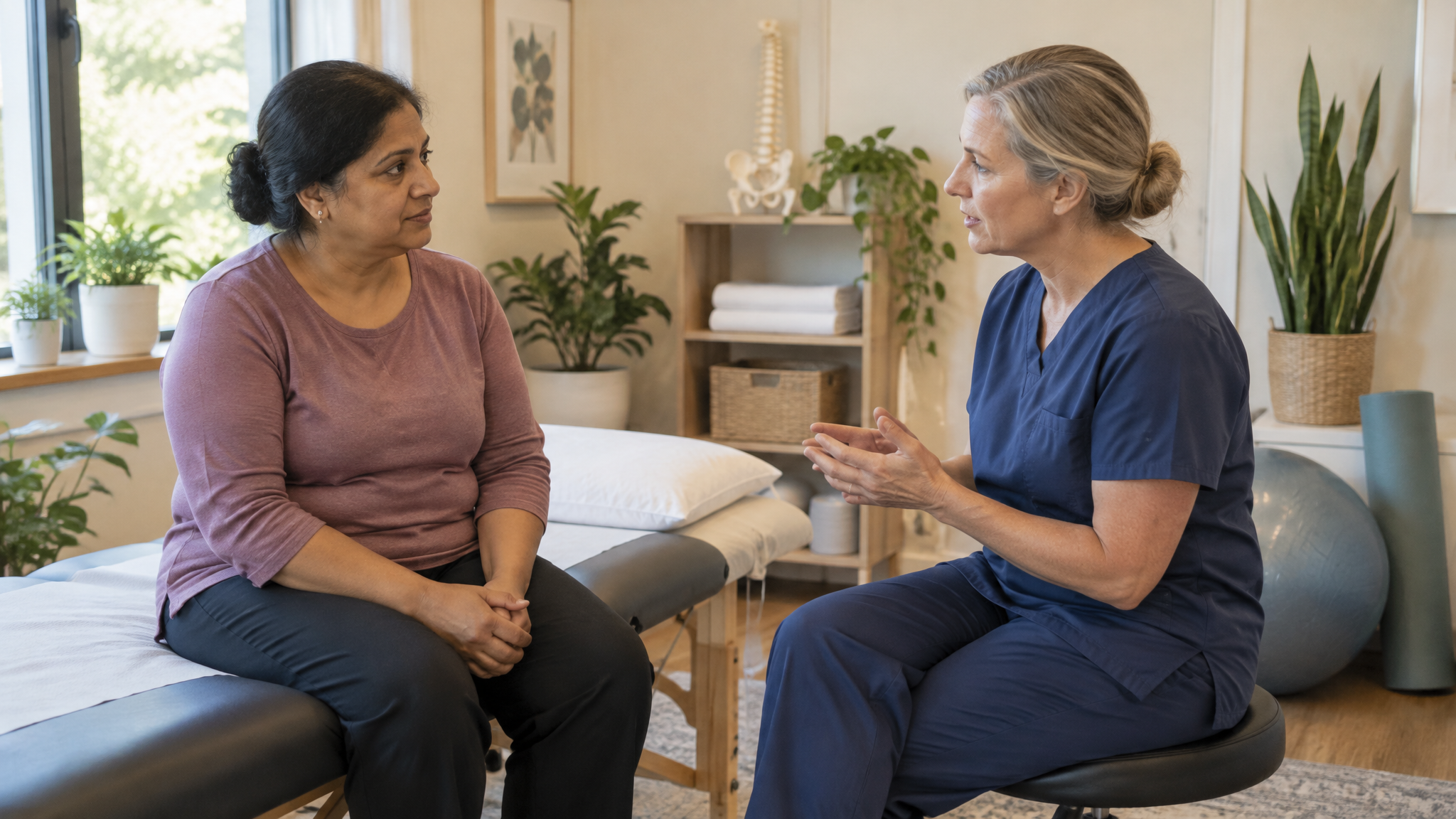 A woman veteran talking with a female physical therapist in a pelvic health clinic room