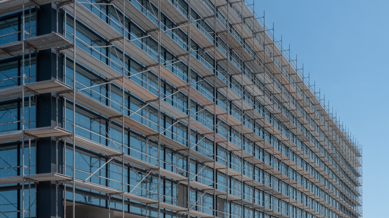 Modern commercial building with professional scaffolding installation in Lancashire