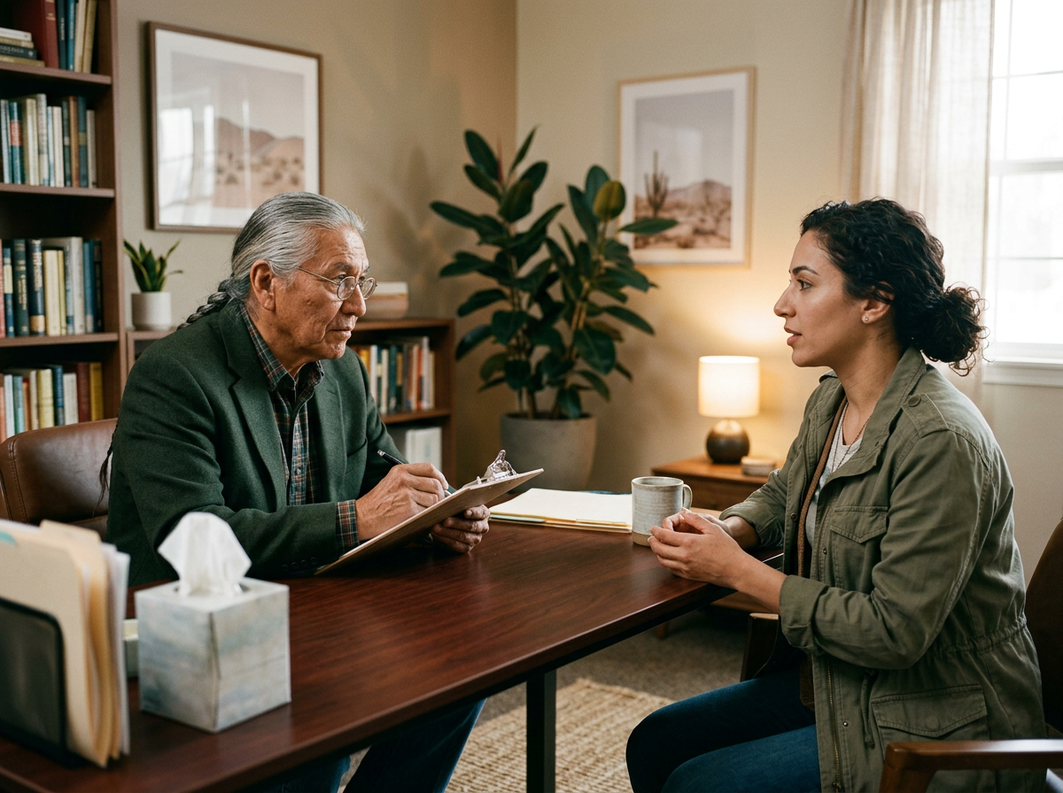 Older Native American male counselor in a blazer meeting with a younger Middle Eastern female veteran across a desk in a professional office for a functional assessment