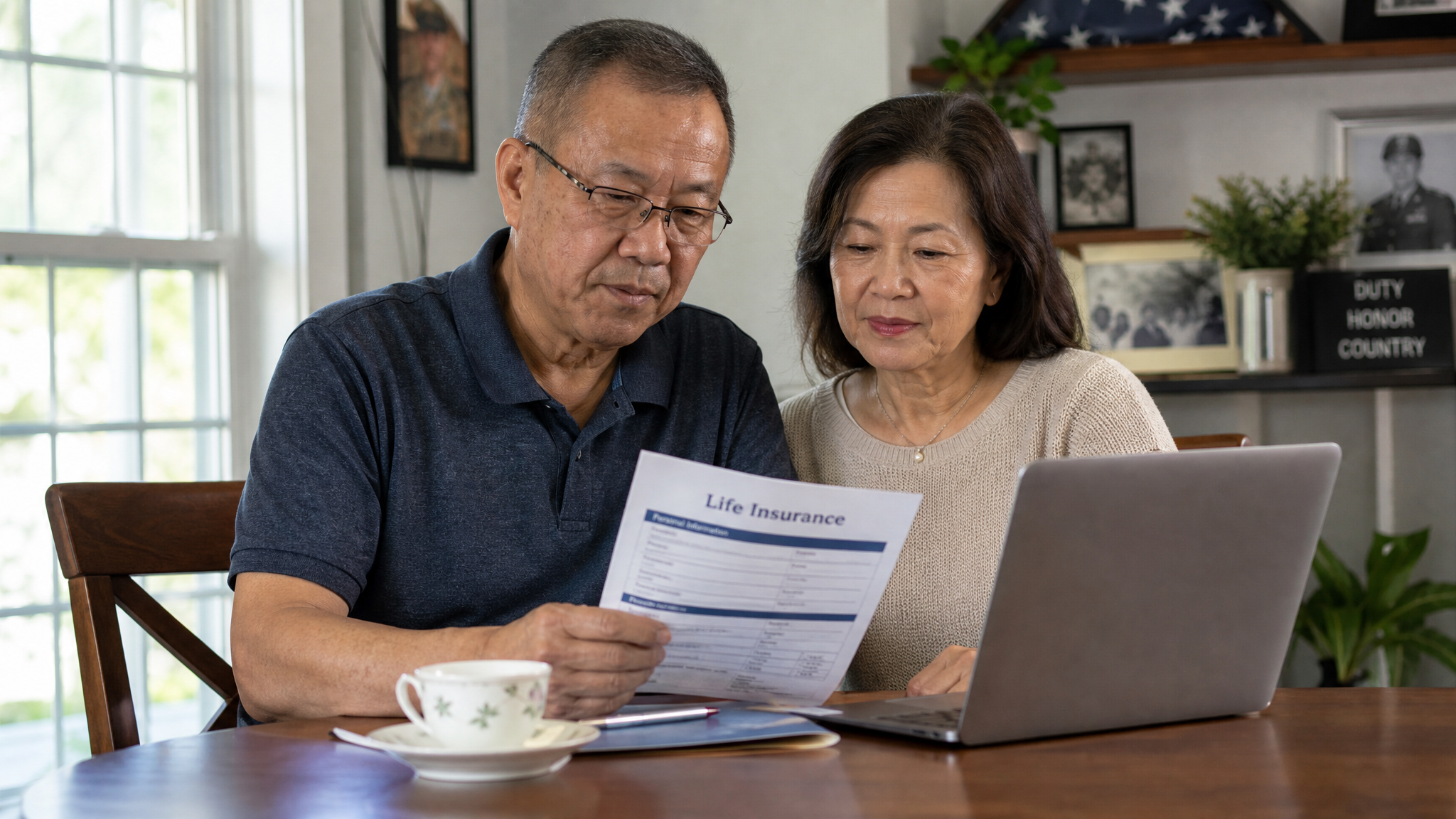 A middle-aged Asian American veteran couple reviewing life insurance paperwork at home