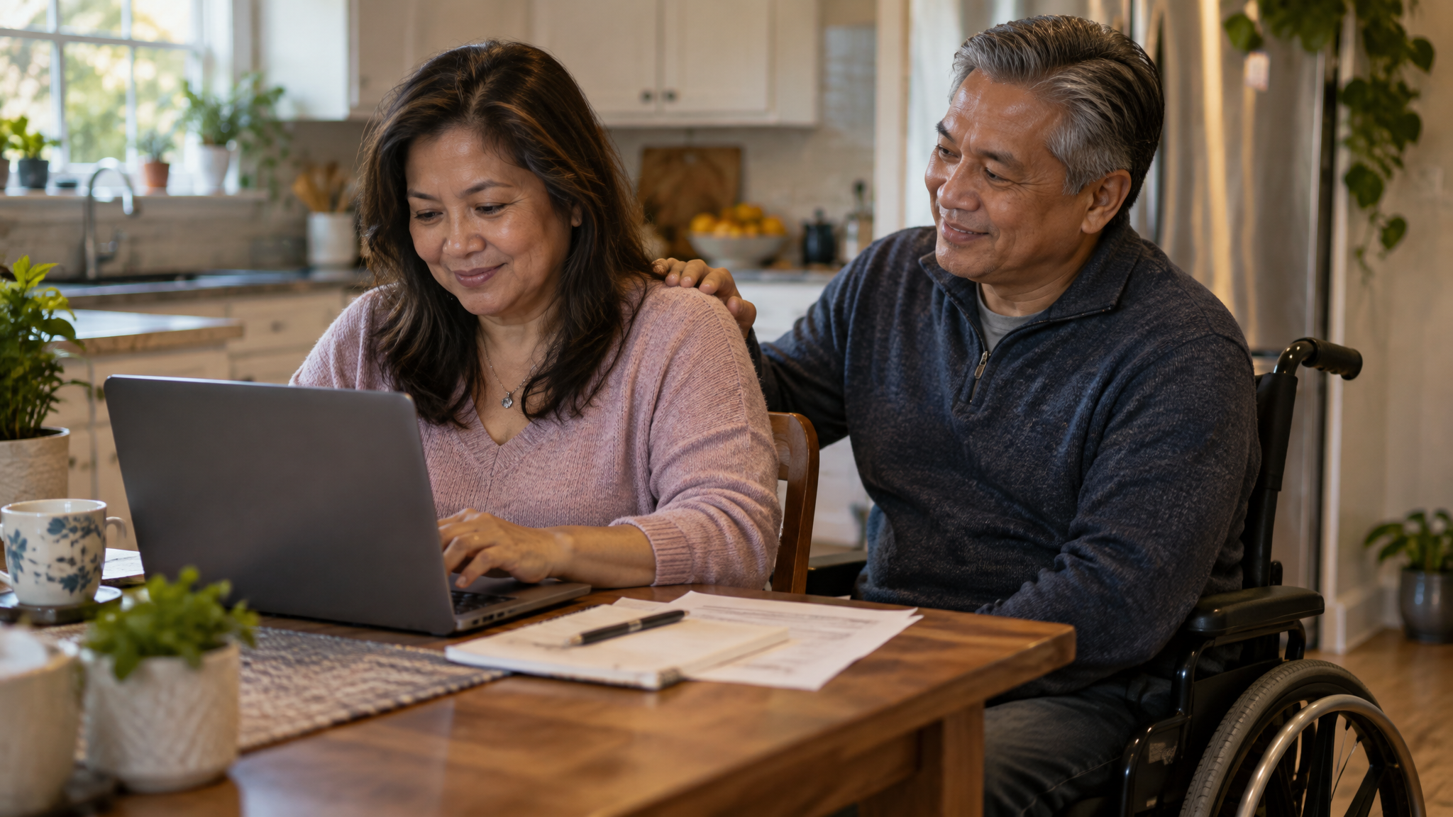An older veteran in a wheelchair beside his wife working on a laptop at the kitchen table