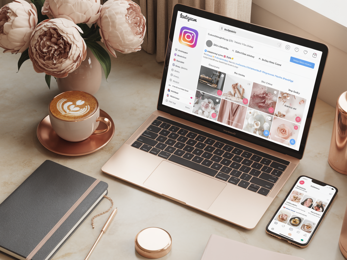 Elegant social media management workspace with laptop and phone displaying Instagram content in rose gold and cream tones