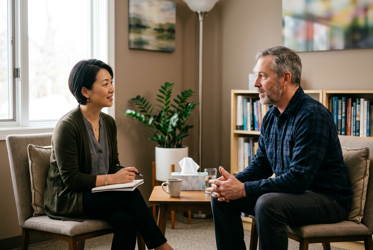 A female mental health clinician seated across from a male military veteran in a warmly lit office, listening attentively during an evaluation