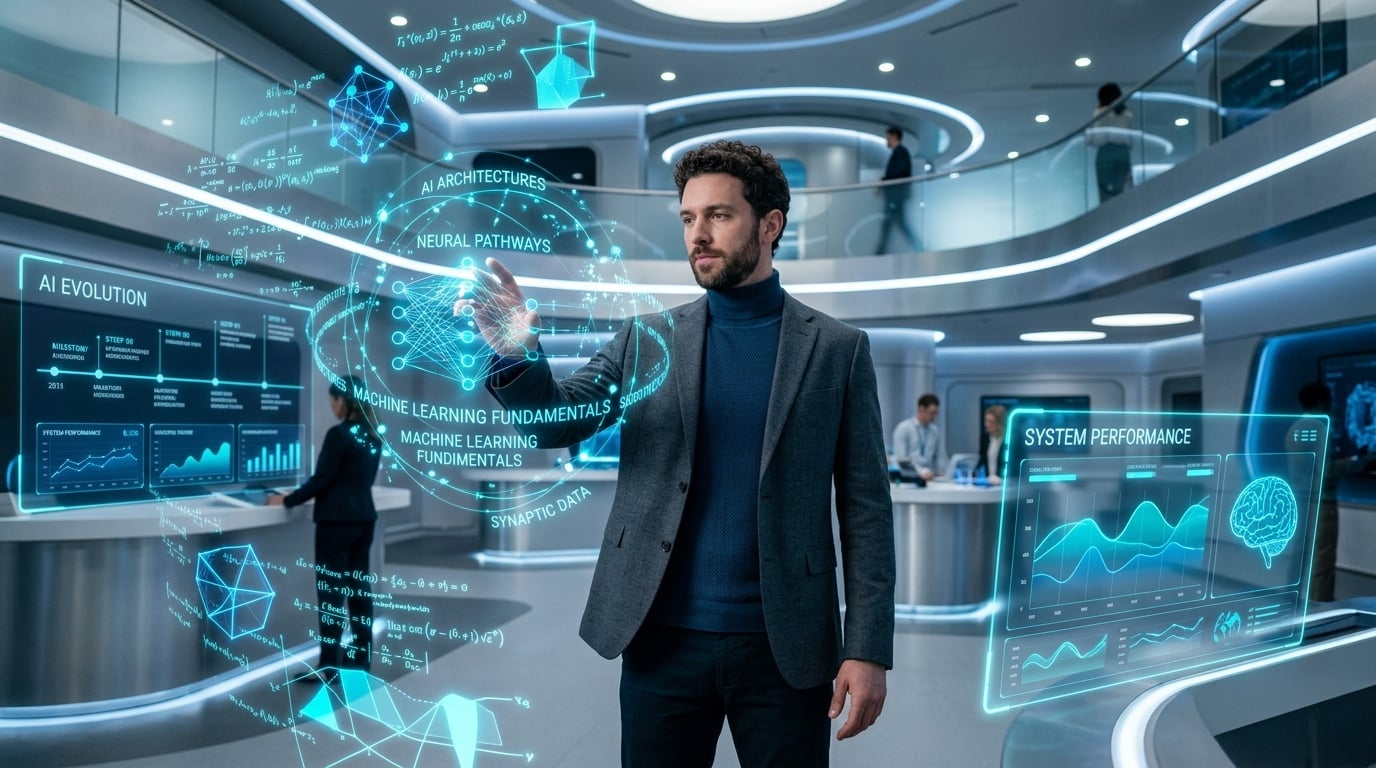 Person interacting with holographic AI learning interfaces