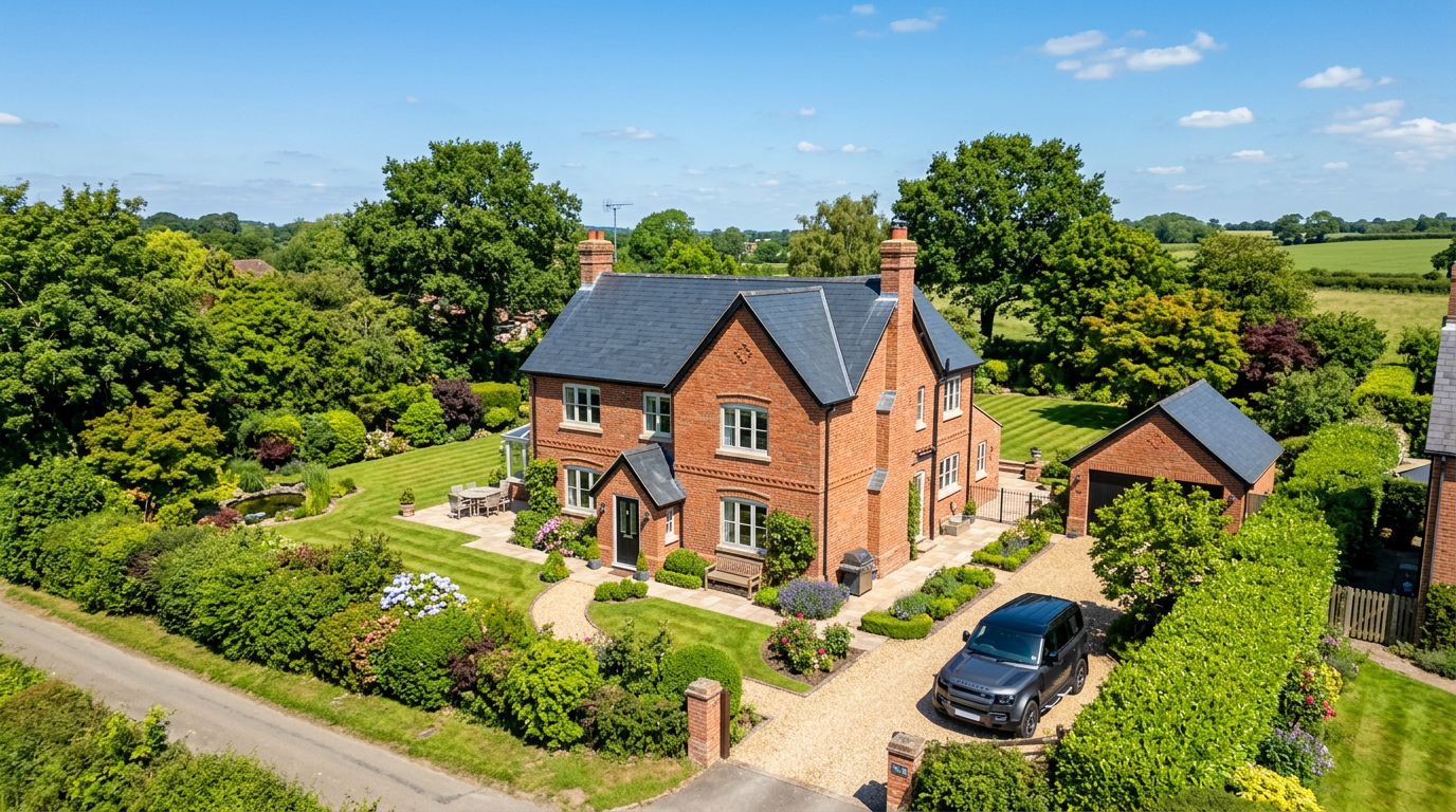 Aerial view of UK house with new slate roof