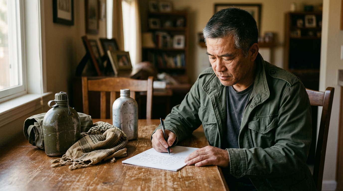 Veteran writing at a table beside an old canteen, a field water bottle and a dusty desert scarf
