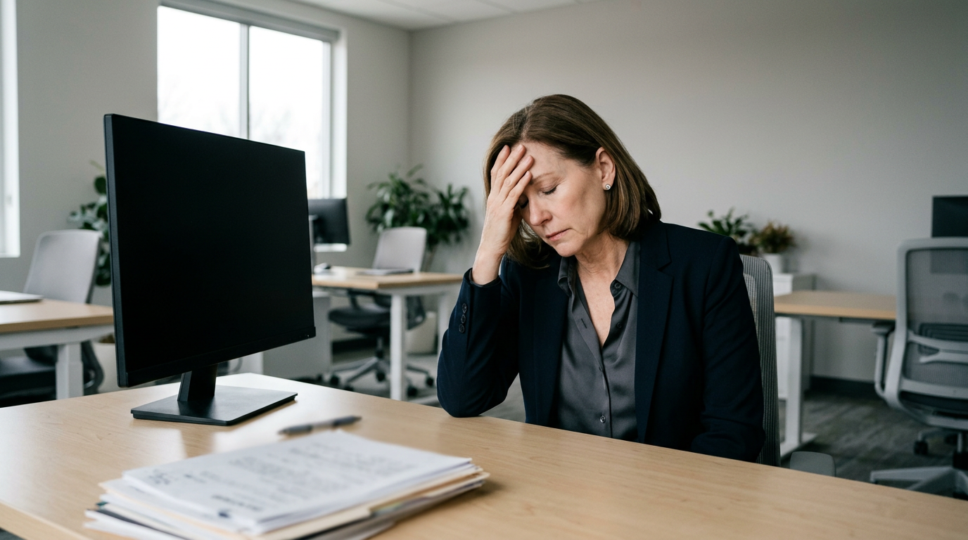 White female veteran in her fifties at an office desk exhausted with her head in her hand, unable to work