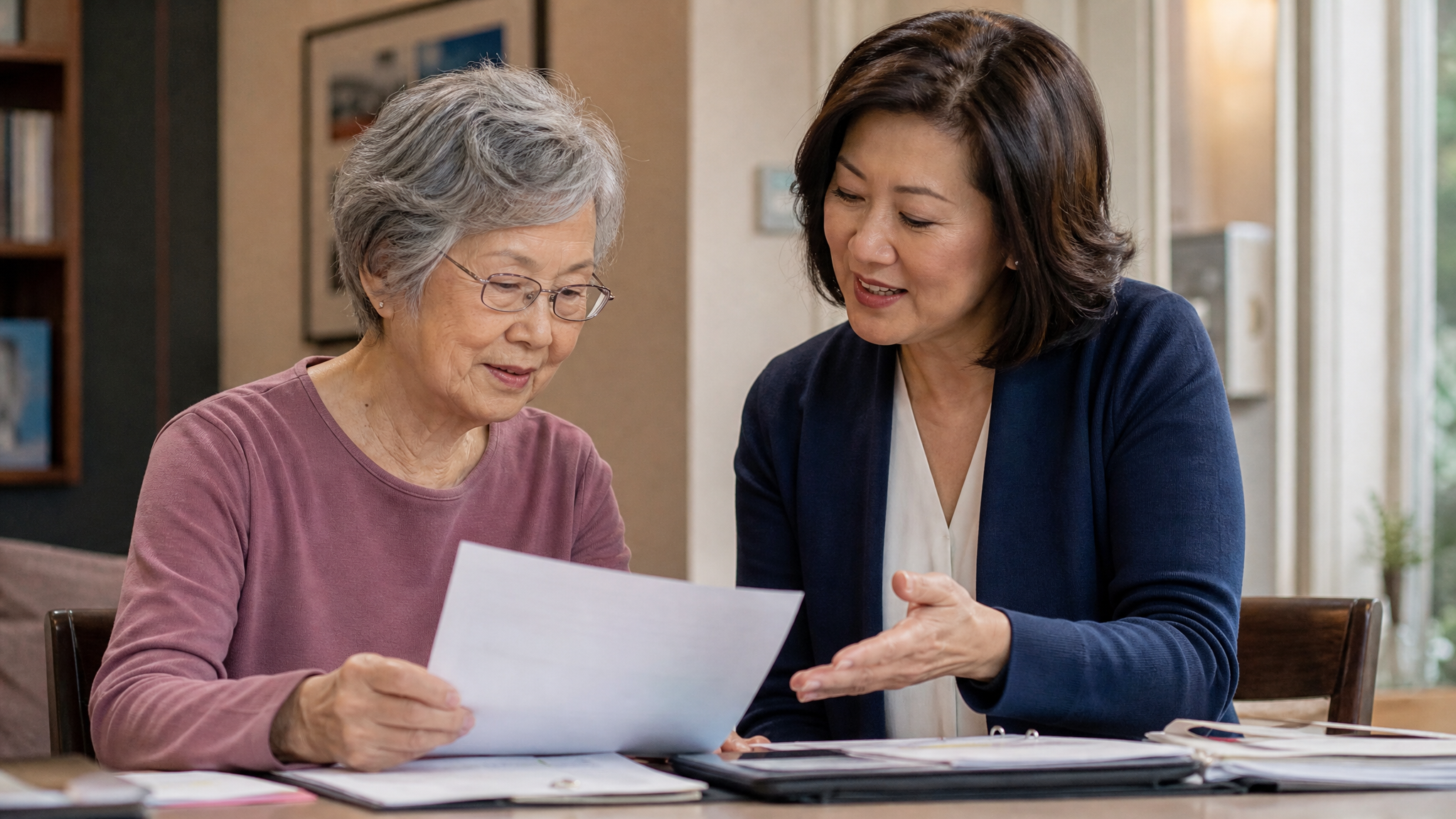 A senior Asian American widow organizing documents with a friendly benefits advisor