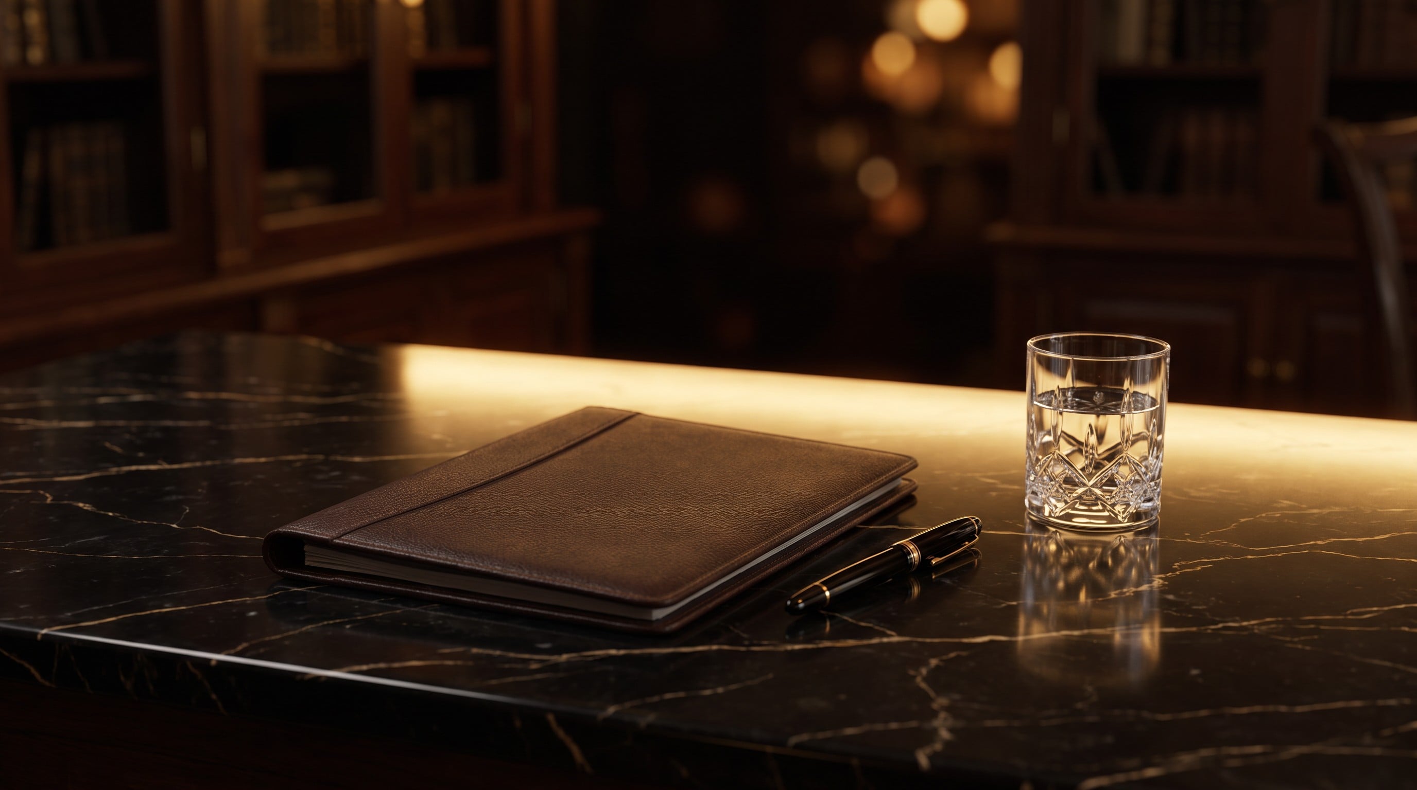 Leather portfolio and fountain pen on a dark marble desk