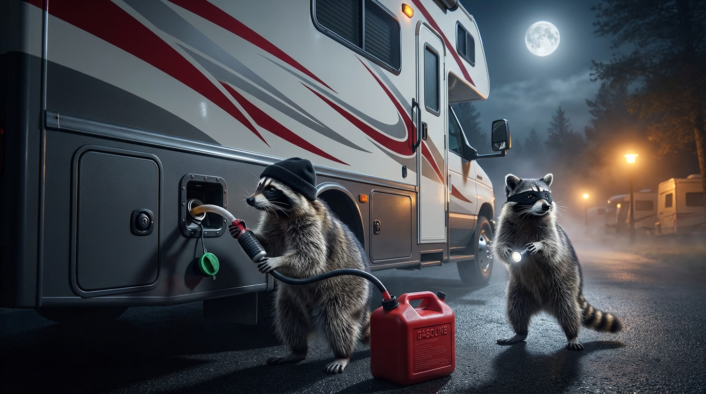 Two raccoons stealing fuel from an RV — one pumping fuel from the exposed square bezel fuel cap with a manual hand pump into a gas can while the other stands at attention as lookout