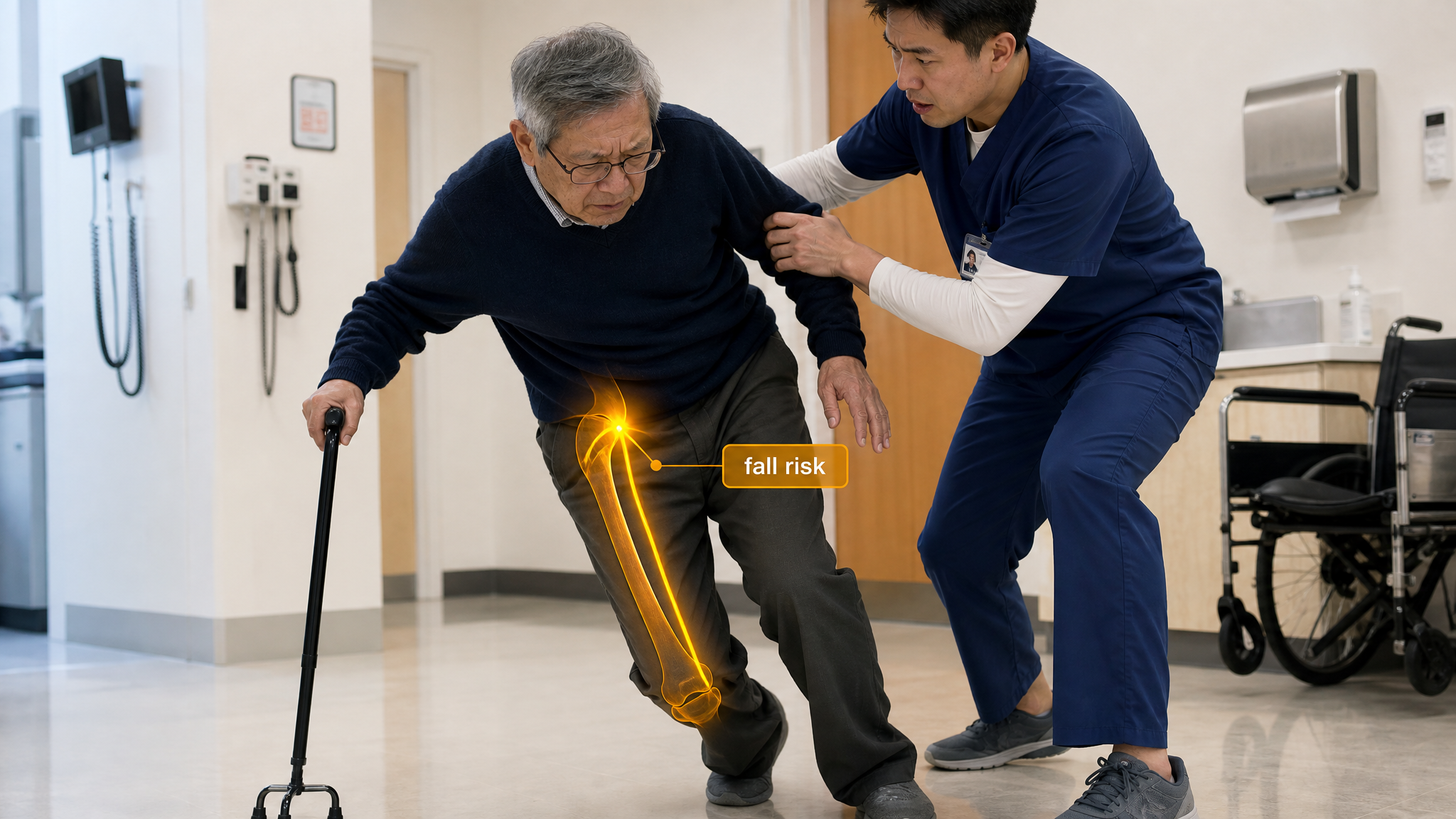 Older Asian man veteran in his 70s using a cane mid-stumble as his knee gives out while a clinician steadies him, warm amber femoral-nerve glow with a fall risk label