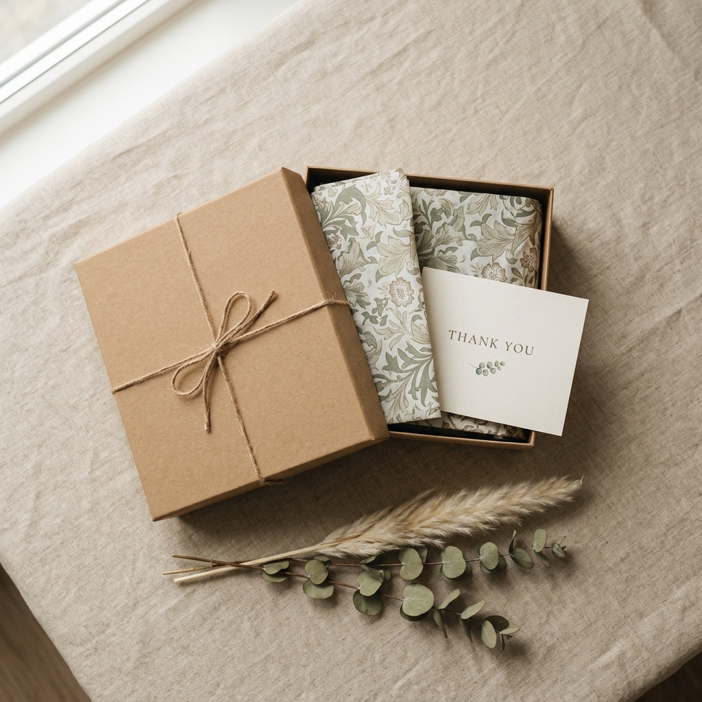 Embalagem premium MÍLIA com caixa kraft, papel de seda floral e flores secas