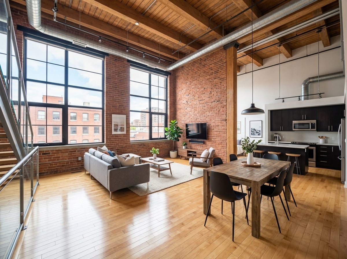 Modern converted-warehouse loft interior with exposed brick and high ceilings in Downtown Hamilton