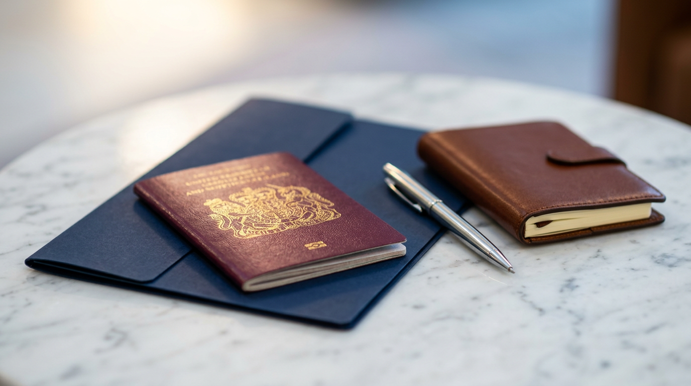 A burgundy passport resting on a document folder beside a pen and notepad on a marble surface in warm light