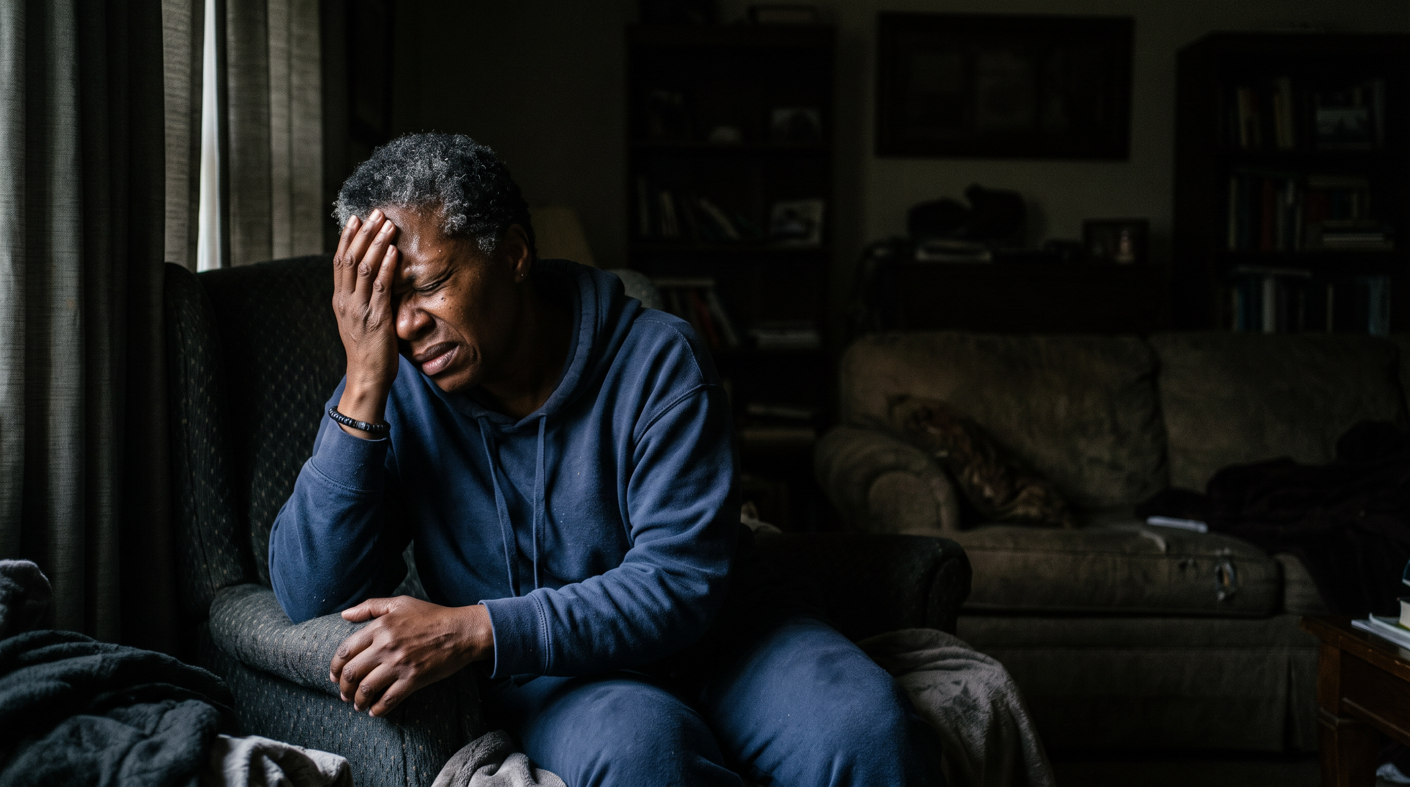 Black female veteran covering one eye in a darkened room experiencing light-triggered migraine pain