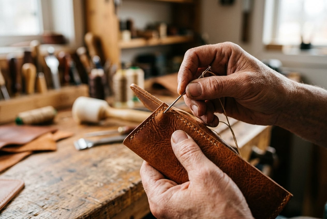 Artesão trabalhando com couro