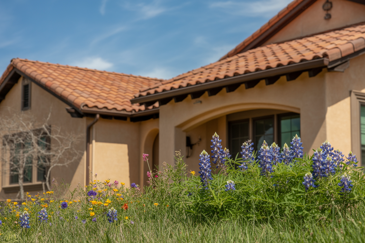 Charming San Antonio home with bluebonnet flowers blooming in the front yard during spring