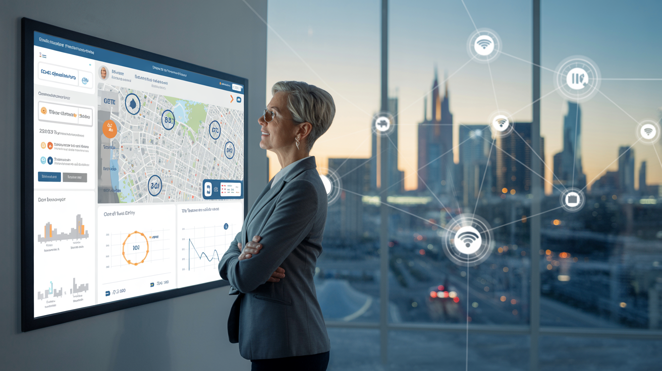 Mayor reviewing smart city technology dashboard with modern city skyline