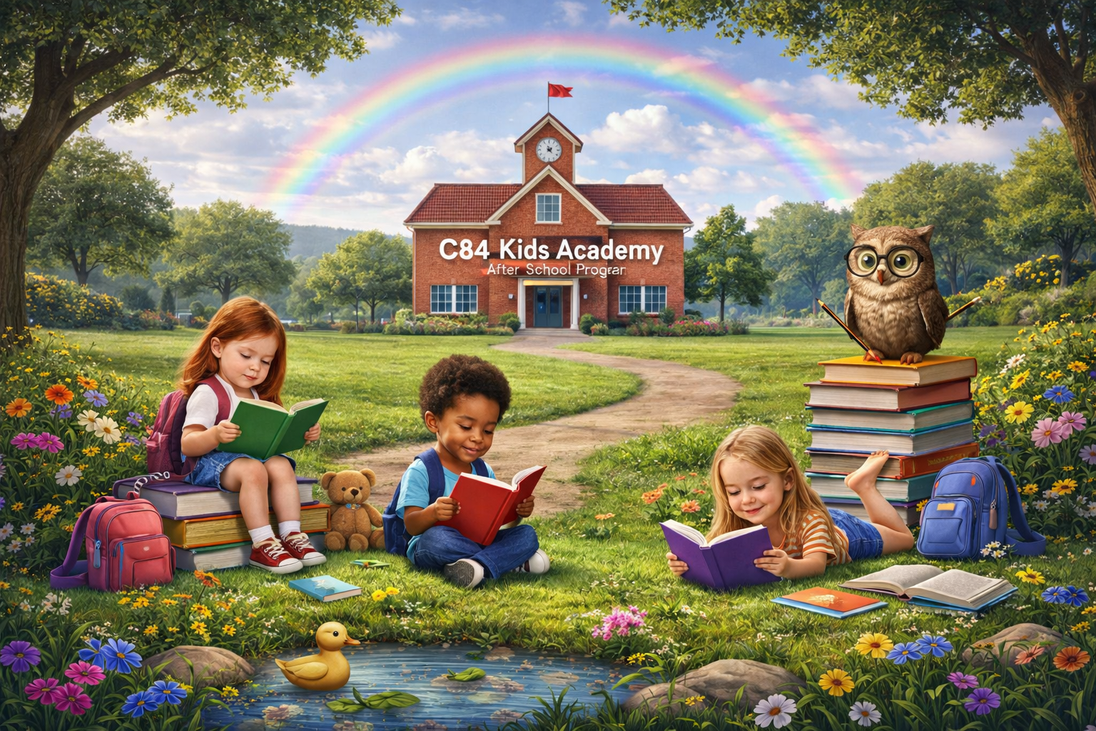 C84 Kids Academy After School Program β children reading outside a school with books, flowers, and an owl mascot