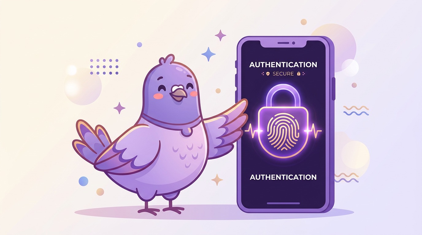Pigeon mascot beside a smartphone showing a fingerprint scan and padlock, representing secure biometric sign-in