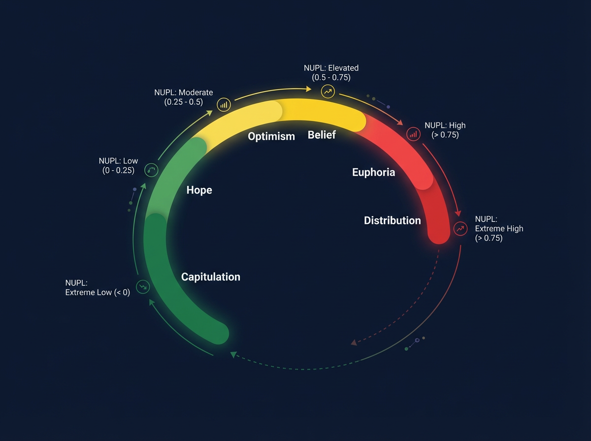 Bitcoin market cycle phases diagram for on-chain analytics crypto trading — from capitulation to euphoria